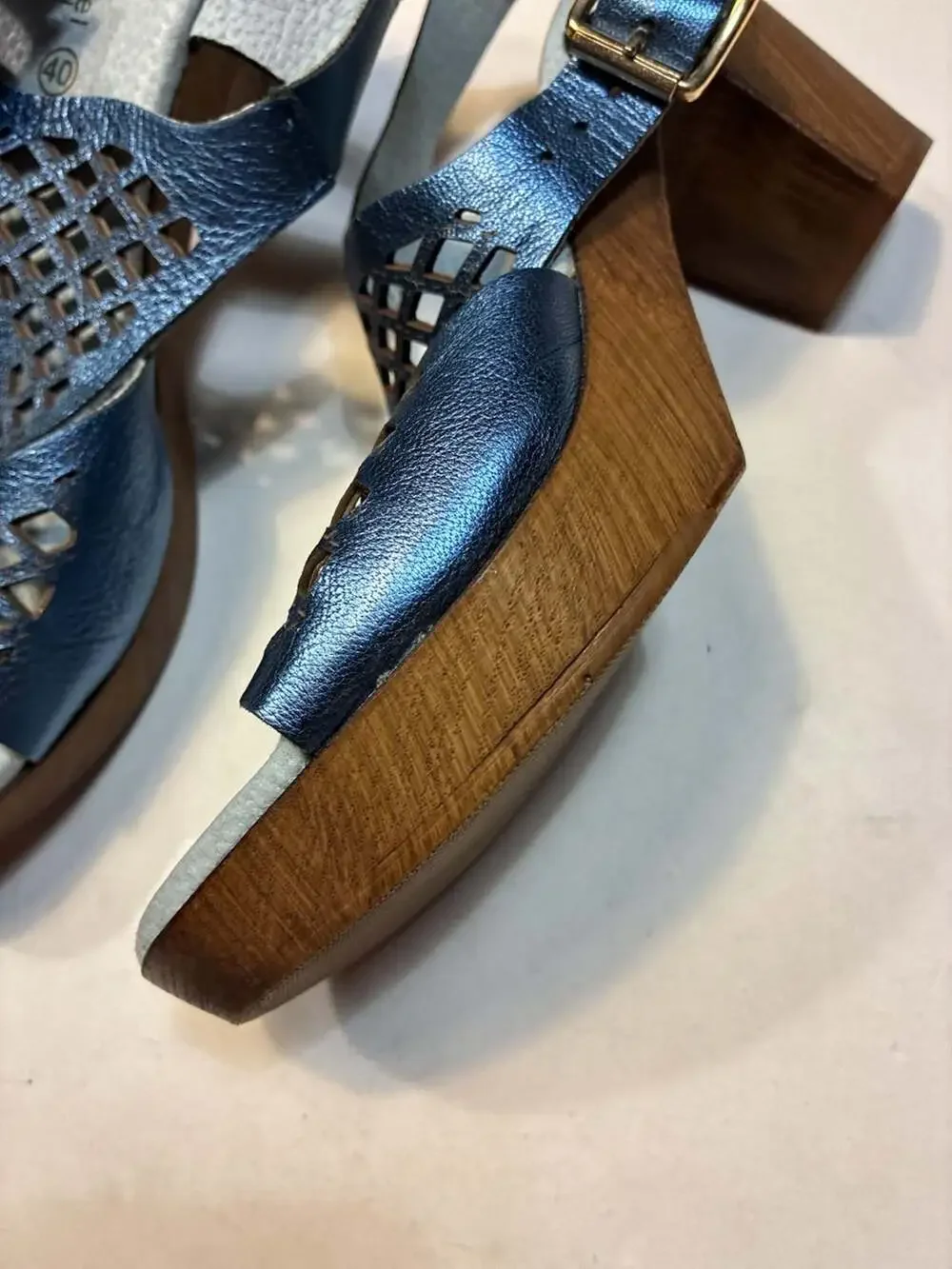 Eric Michael Metallic Blue Leather Cutout Wedge Sandals Made in Portugal
